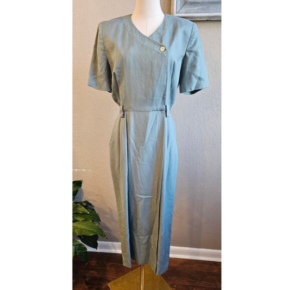 VTG Talbots Depeche Women's Embroidered Linen Blend Maxi Dress Size 8 Sage Green - Picture 1 of 7